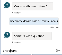 Capture d’écran montrant le chatbot avec une invite pour rechercher dans la base de données de connaissances.