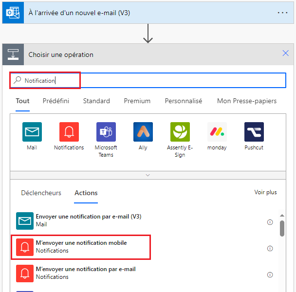 Capture d’écran de la nouvelle action de notification sélectionnée.