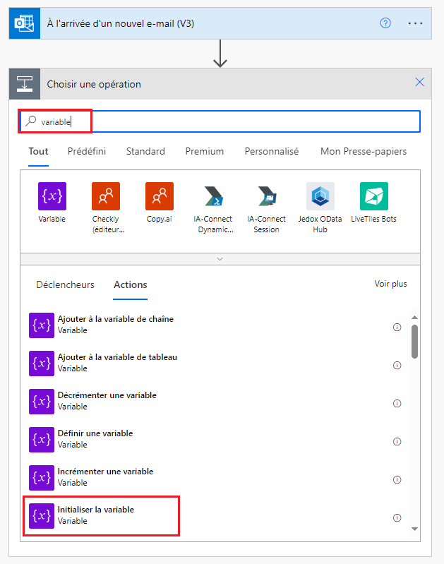 Capture d’écran de l’action Initialiser la variable.