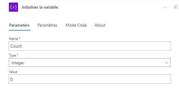 Capture d’écran de l’exemple des paramètres de la variable.