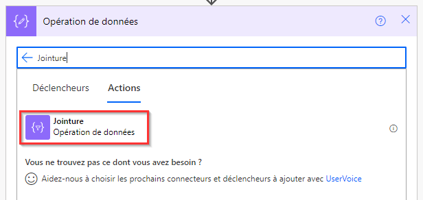 Capture d’écran de la recherche et de la sélection de l’action Joindre.