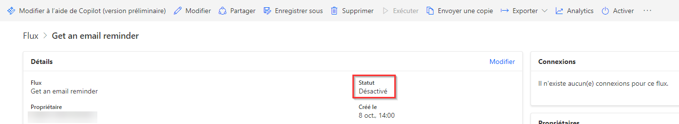 Capture d’écran des Statut du flux sur la page Détails.