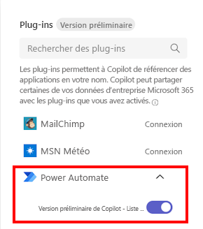 Capture d’écran du plug-in Power Automate.