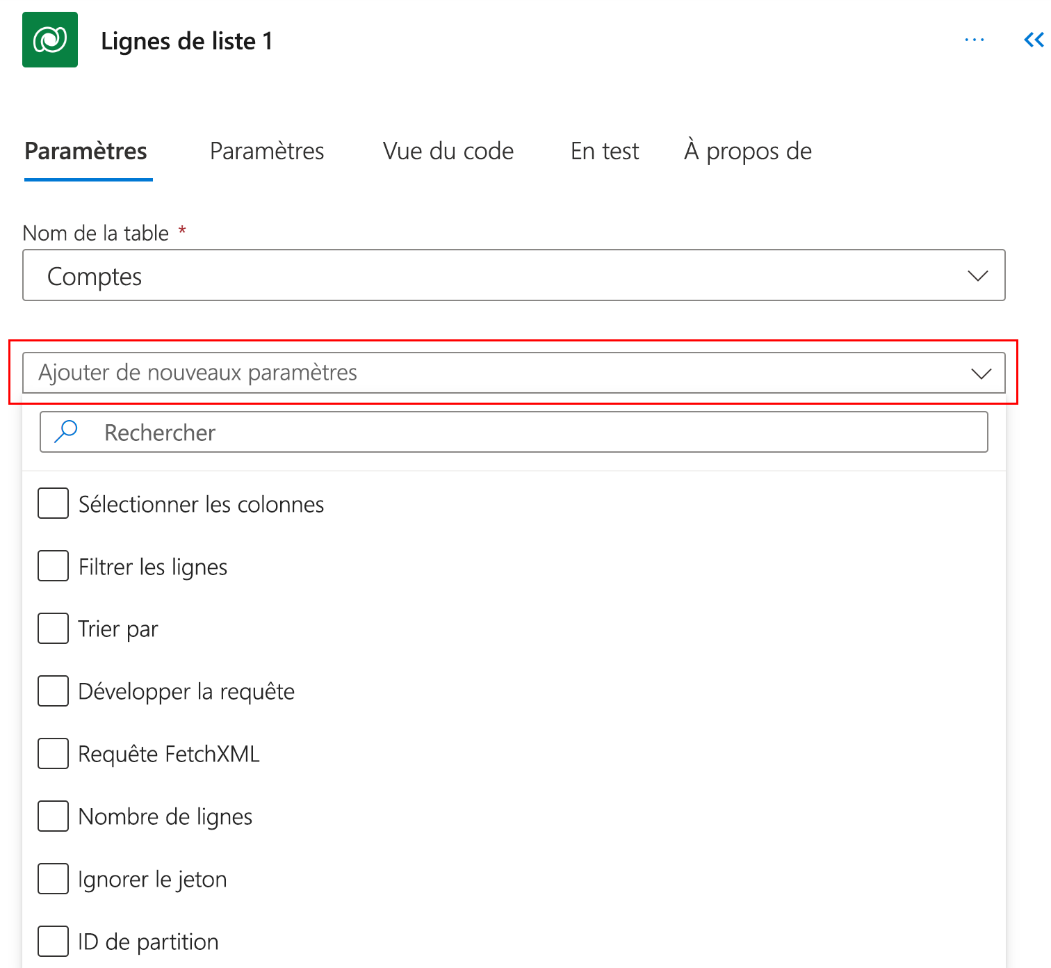 Capture d’écran des options avancées pour l’action Lister les lignes dans le volet de configuration d’actions.