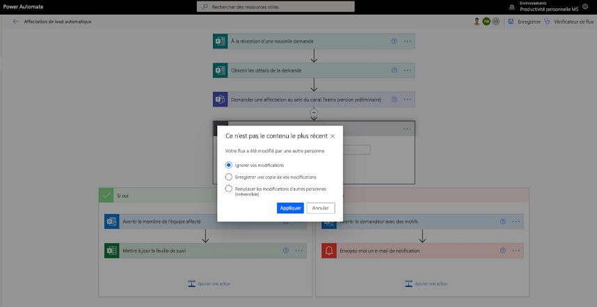 Capture d’écran des options de résolution des conflits.