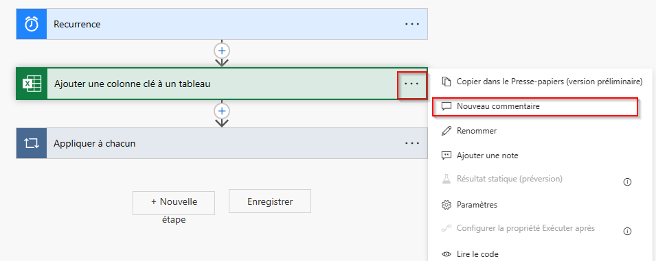 Capture d’écran du menu contenant l’option Nouveau commentaire.