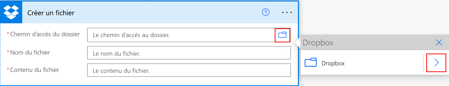 Capture d’écran de la sélection d’un chemin de dossier Dropbox.