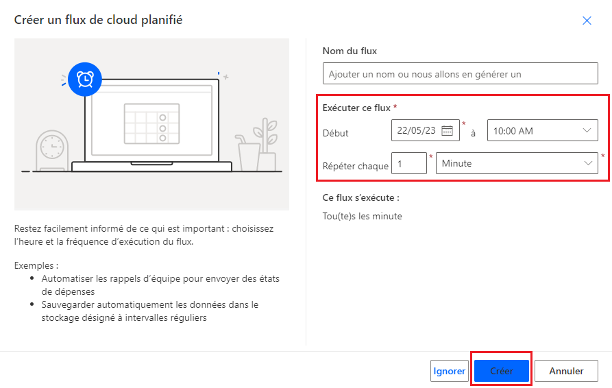 Capture d’écran des options pour configurer un flux planifié.