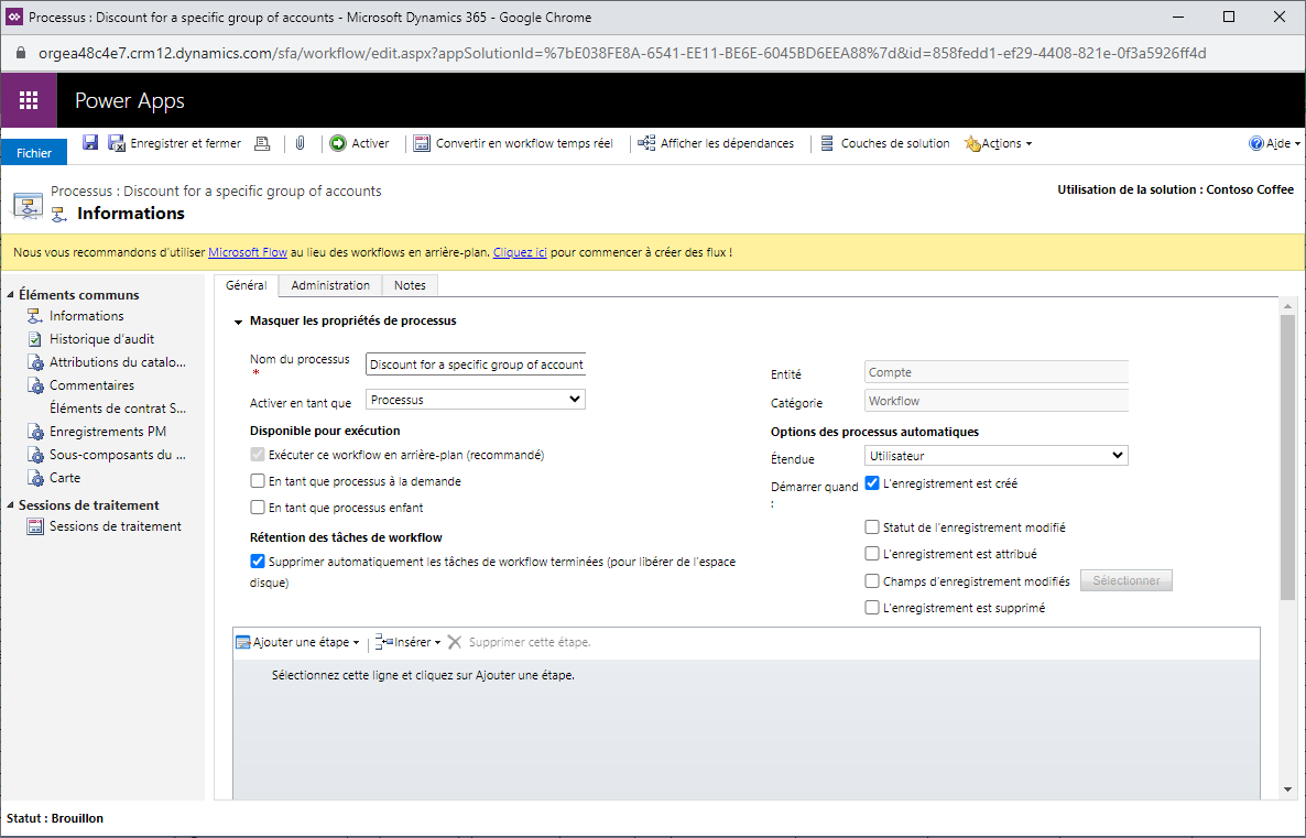 Capture d’écran montrant un processus de workflow avec des opérateurs « sous/pas sous »