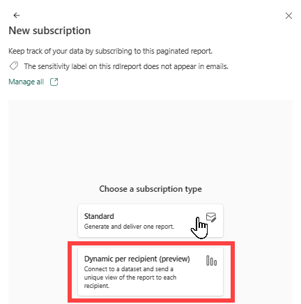 Capture d’écran du service Power BI montrant l’écran Nouvel abonnement et l’option Dynamique par destinataire (préversion).