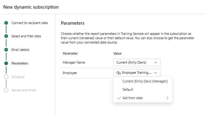 Capture d’écran du service Power BI montrant les options de paramètre dynamique sur la fenêtre Paramètres.