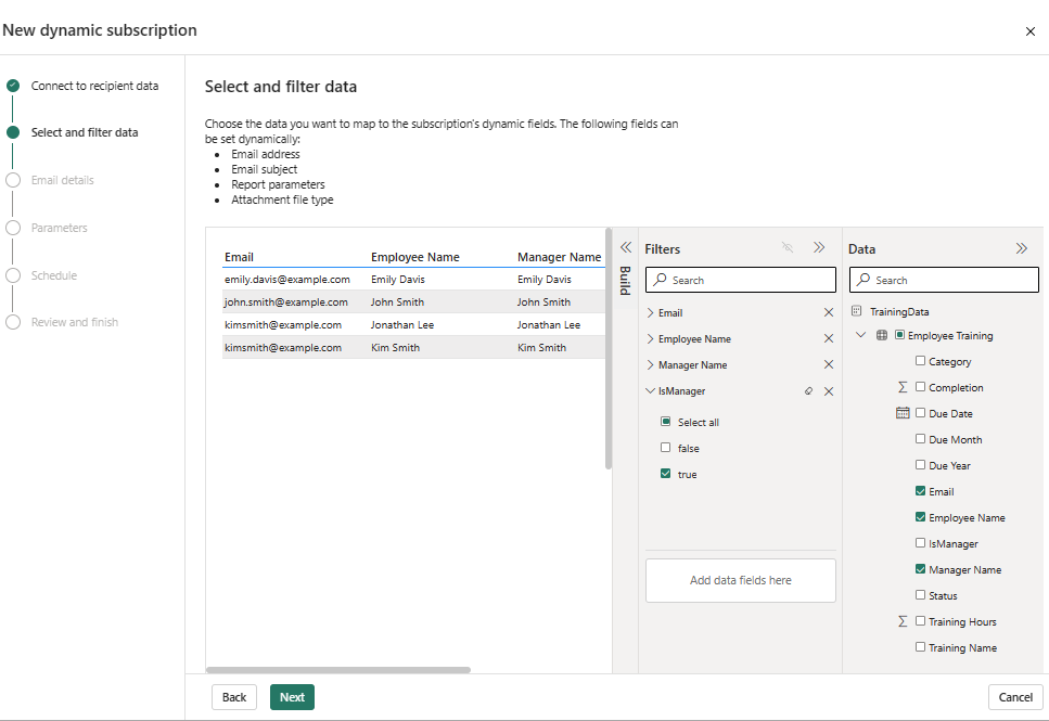 Capture d’écran du service Power BI montrant la page Sélectionner et filtrer les données pour les abonnements dynamiques.