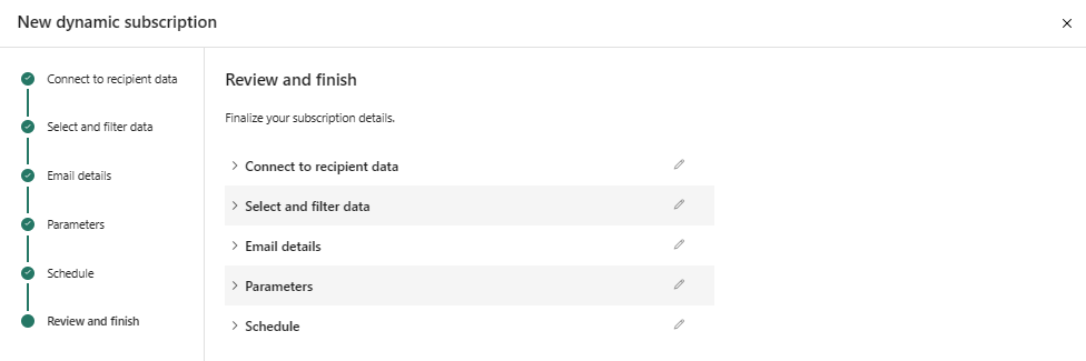 Capture d’écran du service Power BI montrant la fenêtre Passer en revue et terminer.