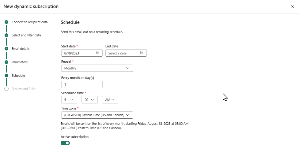 Capture d’écran du service Power BI montrant la fenêtre Planification.