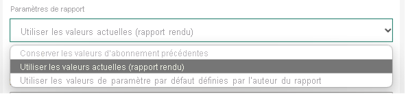 Capture d’écran des paramètres de rapport avec l’option Utiliser les valeurs actuelles sélectionnée.