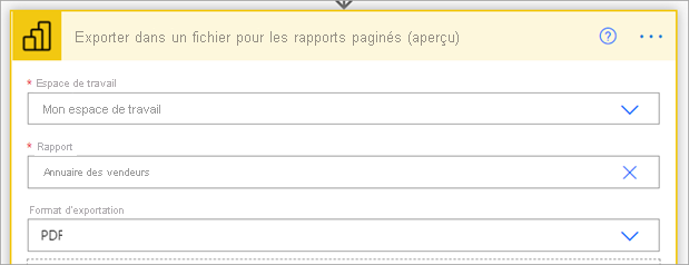 Screenshot that shows where to select the paginated report, the workspace, and the export format.