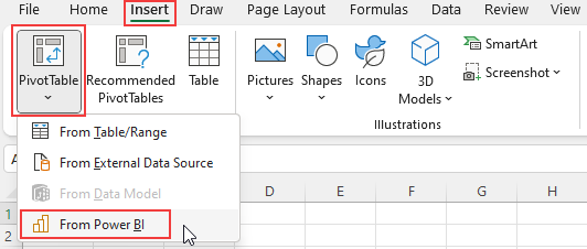 Capture d’écran de l’option d’insertion d’un tableau croisé dynamique à partir de Power BI.