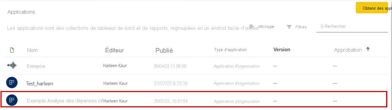 Capture d’écran montrant Applications Power BI, application publiée incluse.