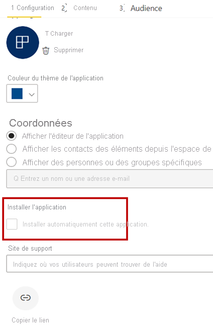 Capture d’écran montrant l’option Power BI Publier l’application avec Installer l’application sélectionné automatiquement