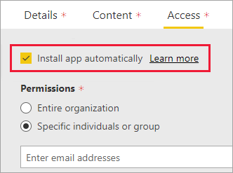 Capture d’écran du portail d’administration Power BI avec l’option Installer l’application automatiquement sélectionnée.