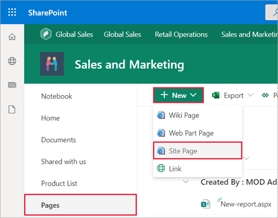 Capture d’écran de la fenêtre SharePoint. Les pages sont mises en surbrillance dans le volet de navigation. La page de site est sélectionnée.