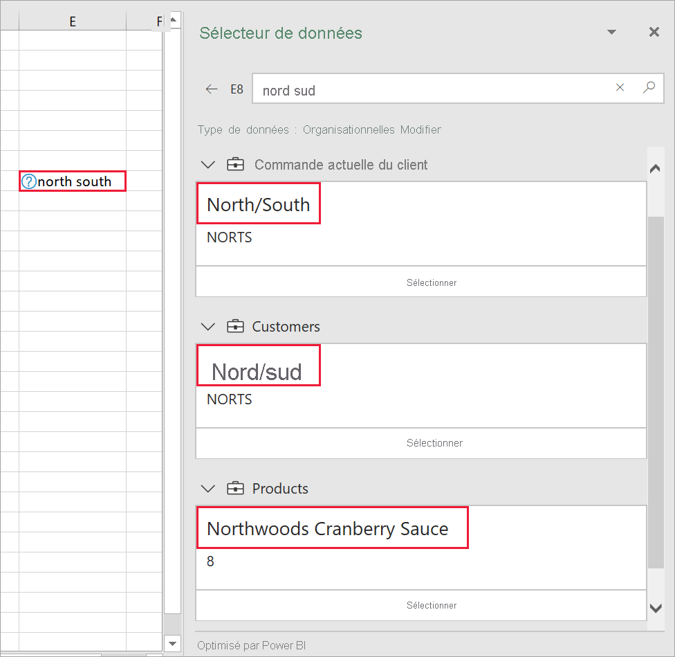 Screenshot of Excel Data Selector pane with multiple possibilities.