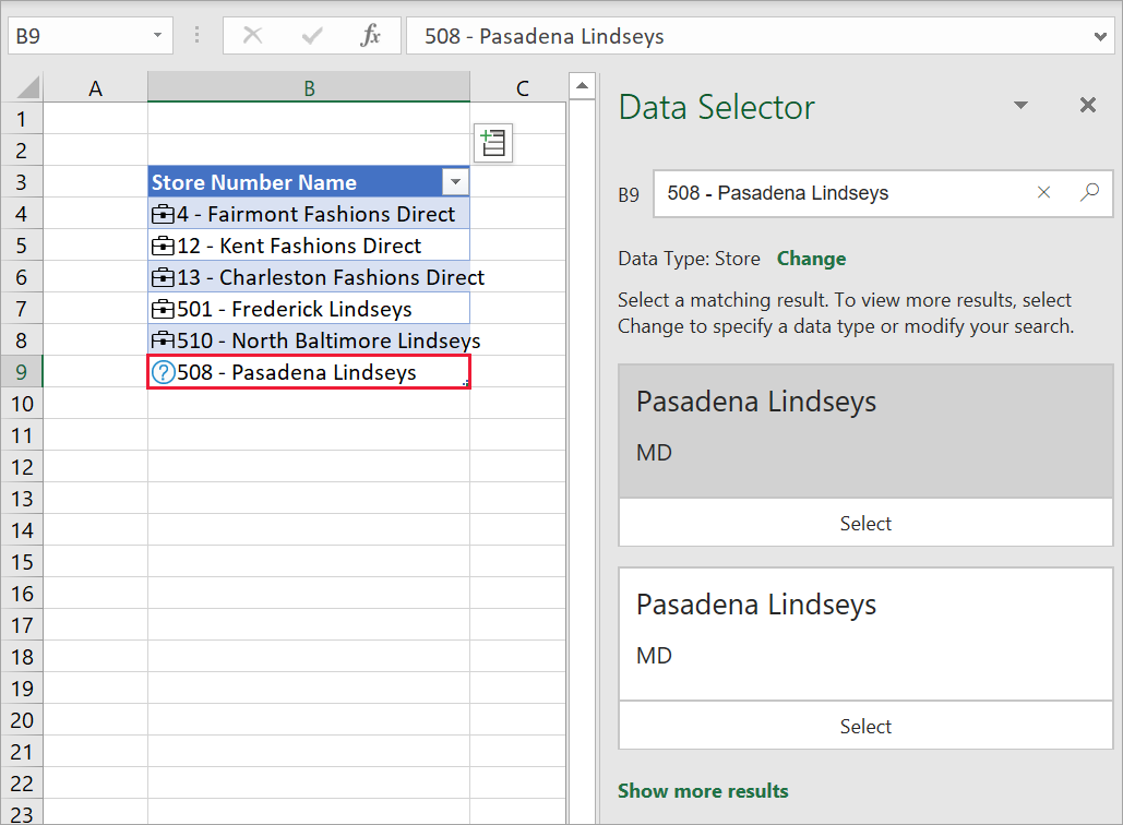 Screenshot of Excel Data Selector pane.