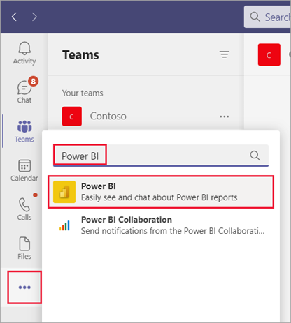 Capture d’écran de la page Teams avec le menu Autres applications ajoutées sélectionné. Power BI est entré dans la barre de recherche et sélectionné dans la liste des applications.