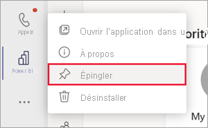 Capture d’écran du volet de navigation Teams. L’icône Power BI fait l’objet d’un clic droit et l’option Épingler est sélectionnée.