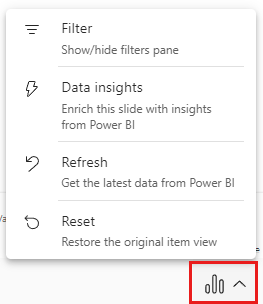 Capture d’écran du menu Options de données dans le complément Power BI pour PowerPoint.