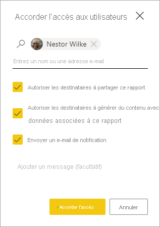 Capture d’écran de la boîte de dialogue Accorder l’accès au rapport.