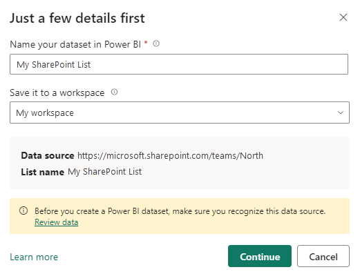 Screenshot of a dialog where you name the semantic model and choose a workspace.