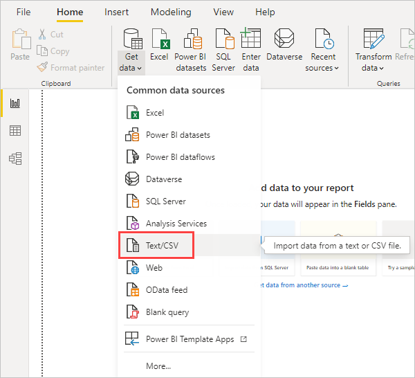 Screenshot of the Get Data ribbon in Power BI Desktop, showing the CSV selection.