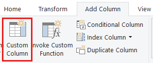 Capture d’écran du ruban Ajouter une colonne de l’Éditeur Power Query avec le bouton Colonne personnalisée mis en évidence.