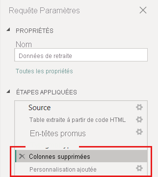 Capture d’écran de la liste Étapes appliquées de l’Éditeur Power Query avec l’étape Removed Columns (Colonnes supprimées) maintenant déplacée au-dessus de l’étape Custom Column (Colonne personnalisée).