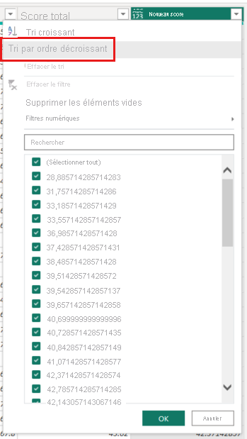 Capture d’écran de l’Éditeur Power Query montrant la colonne New score avec Sort Descending (Tri décroissant) en évidence.