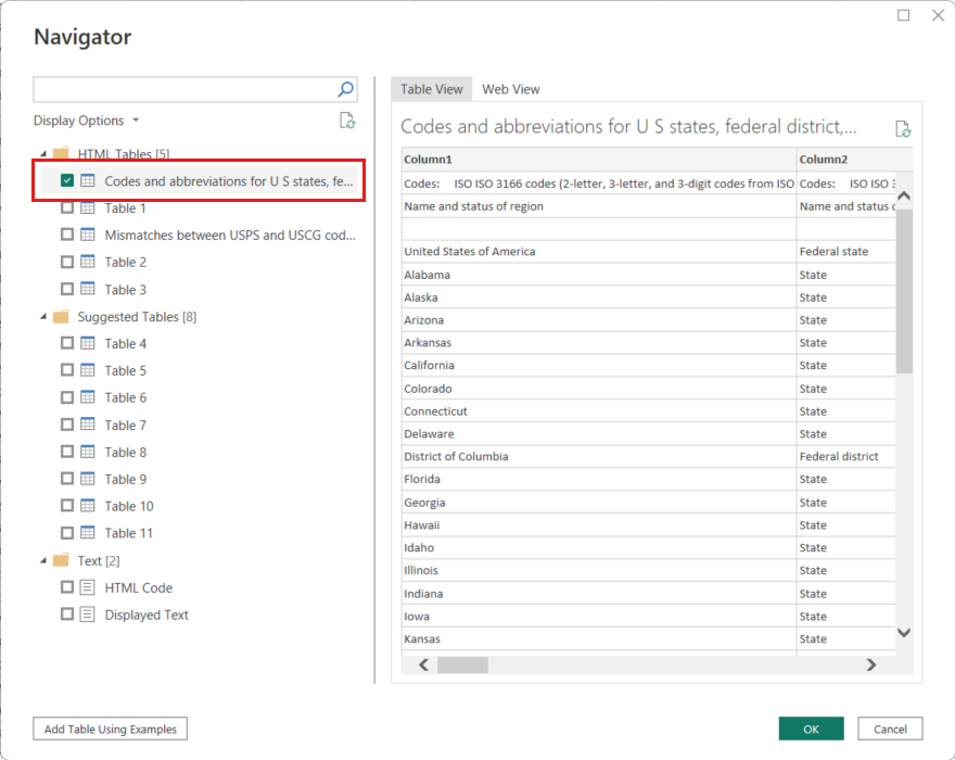 Capture d’écran de la page Navigateur de l’Éditeur Power Query montrant la table Codes and abbreviations (Codes et abréviations) sélectionnée.