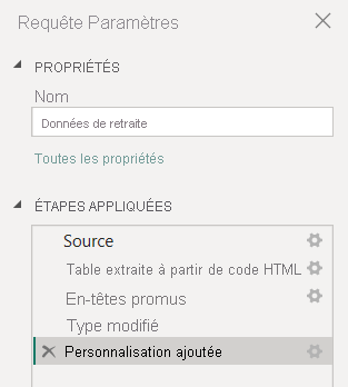 Capture d’écran du volet Paramètres de requête de l’Éditeur Power Query montrant la liste Étapes appliquées avec les actions effectuées jusqu’à présent.