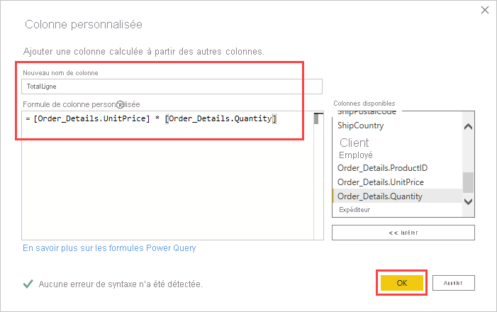 Screenshot that highlights the New column name and Custom column formula fields.