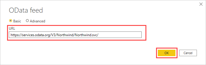 Screenshot that highlights the URL field in the OData feed dialog box.