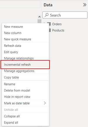 Vue de données montrant le menu contextuel Table avec l’option Actualisation incrémentielle sélectionnée.