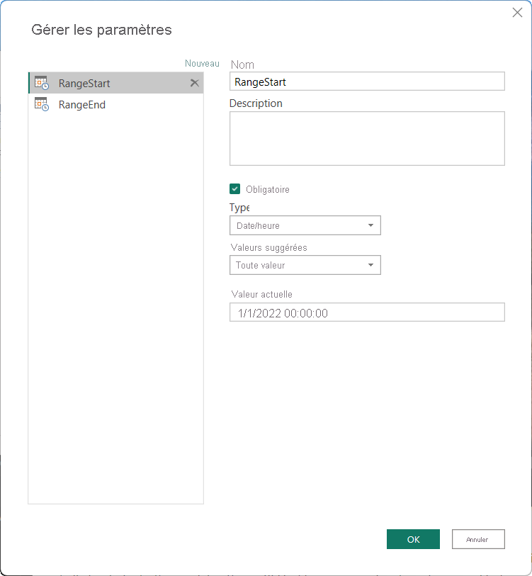 Capture d’écran de la boîte de dialogue Gérer les paramètres montrant les paramètres RangeStart et RangeEnd.