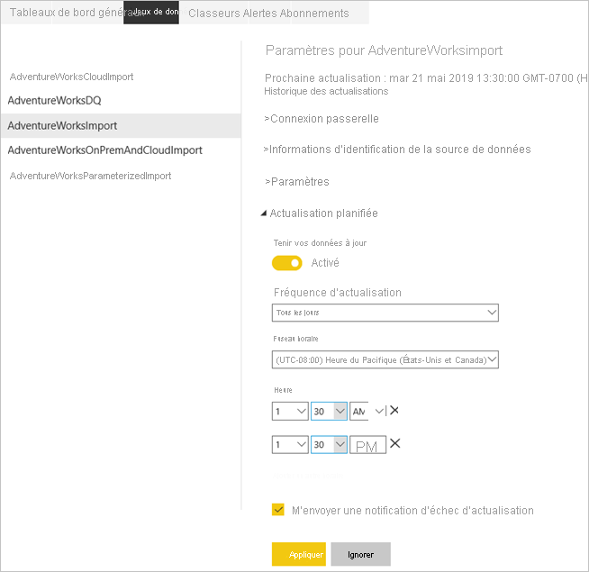 Configurer une actualisation planifiée