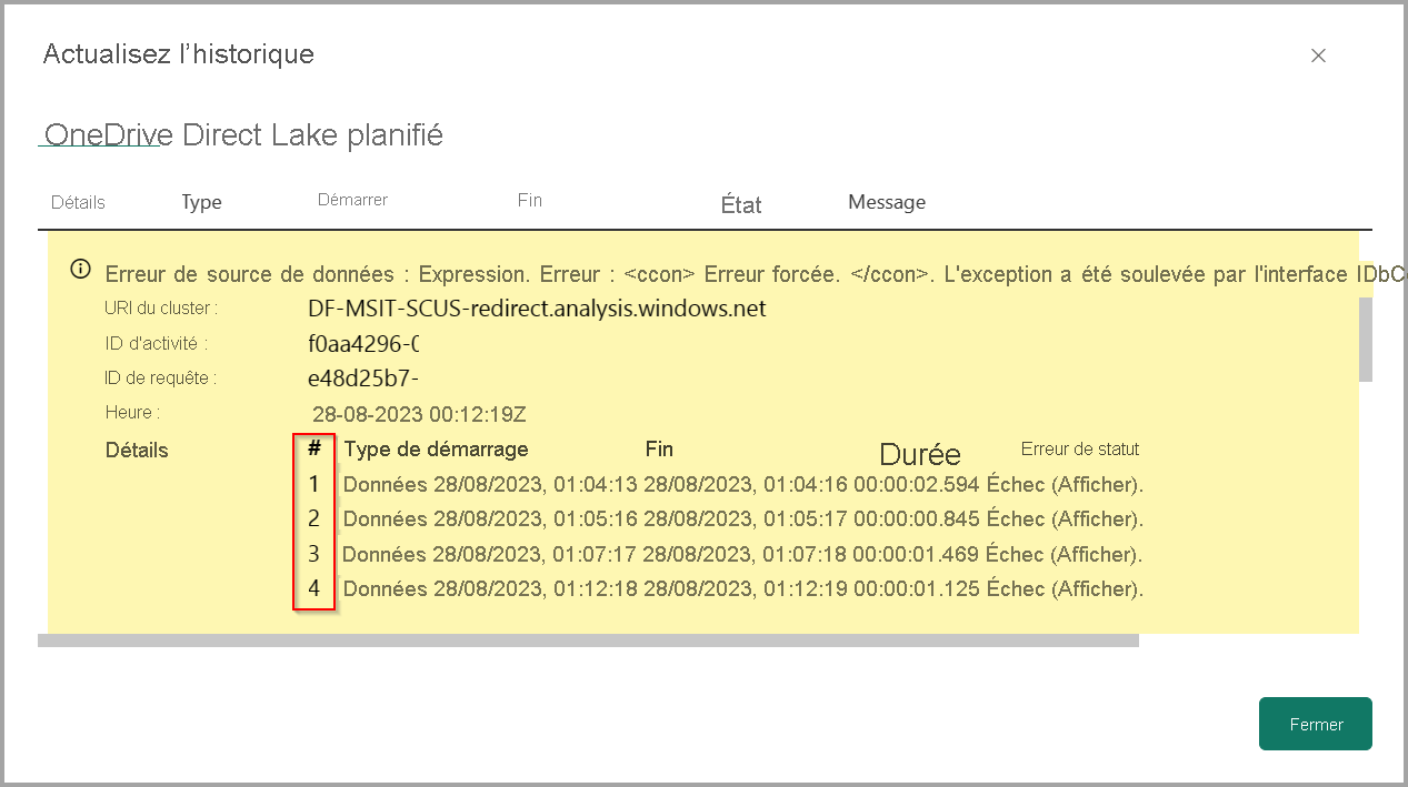 Capture d’écran des détails de l’historique d’actualisation sur la page Historique des actualisations.