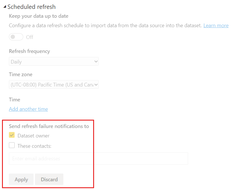 Capture d’écran de la section dans les paramètres du modèle sémantique pour la modification des notifications d’actualisation par e-mail Power BI.