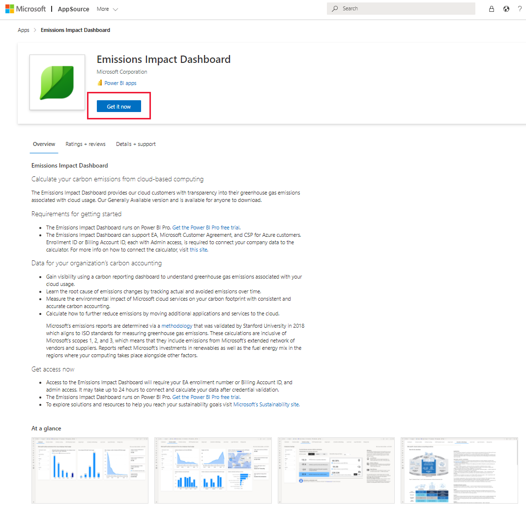 Capture d’écran du tableau de bord Emissions Impact (Impact des émissions) sur AppSource.