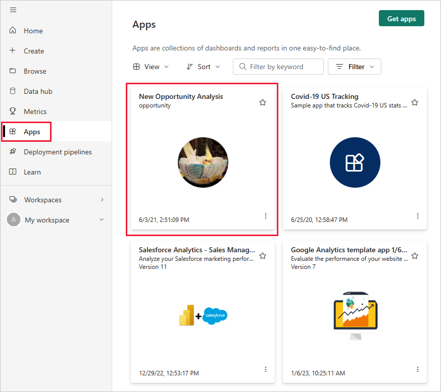 Screenshot shows the Power BI service with Apps selected in the navigation bar.