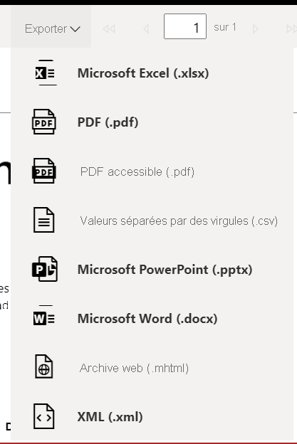 Capture d’écran montrant les formats d’exportation d’un rapport paginé.