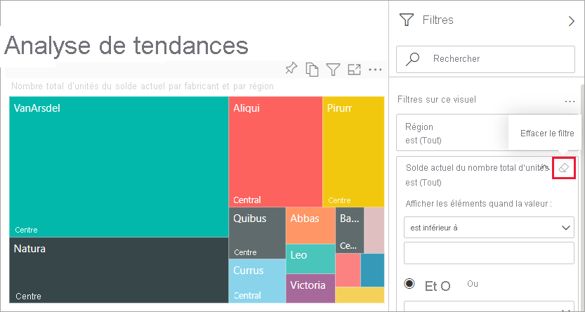 Screenshot of a report with the Filters pane expanded and the eraser icon selected.