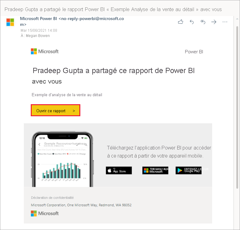 Capture d’écran qui illustre un e-mail contenant un lien vers un rapport.